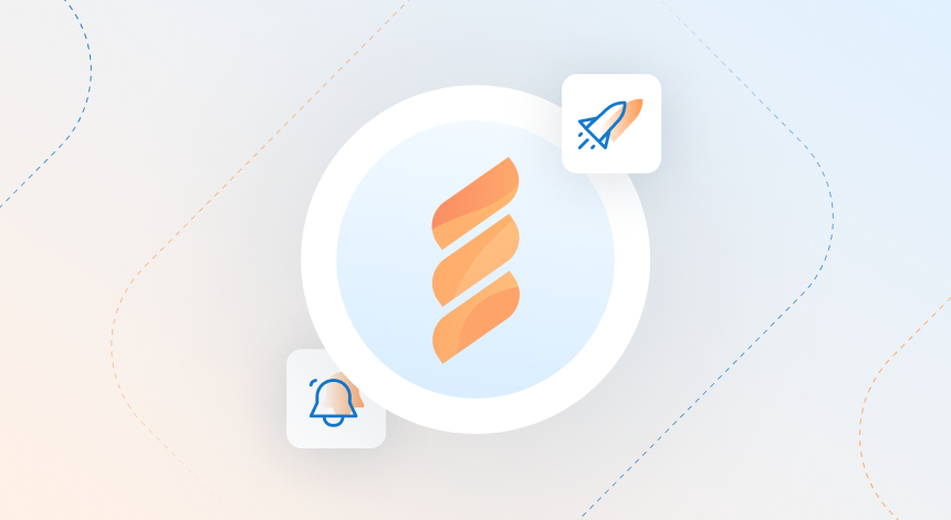 FastSpring logo on a light blue to orange fade background and small logos of a rocket and a bell around it.
